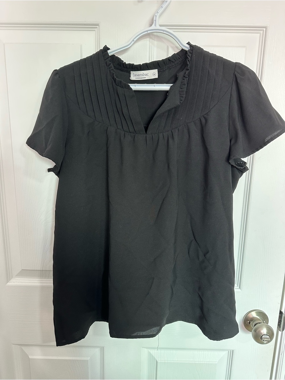 Jasambac Black Pleated Yoke Short Sleeve Blouse